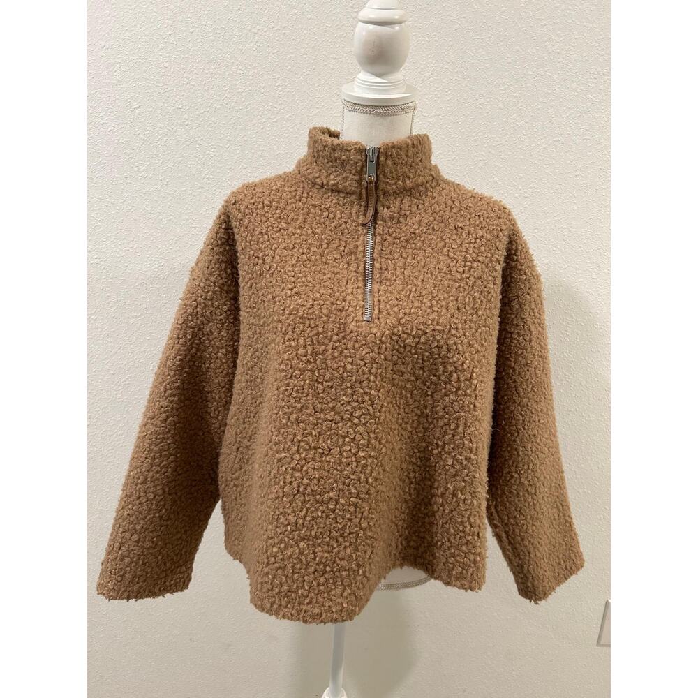 Zara Basic Womens Textured Teddy Quarter Zip Sweatshirt Large Cozy Long Sleeves